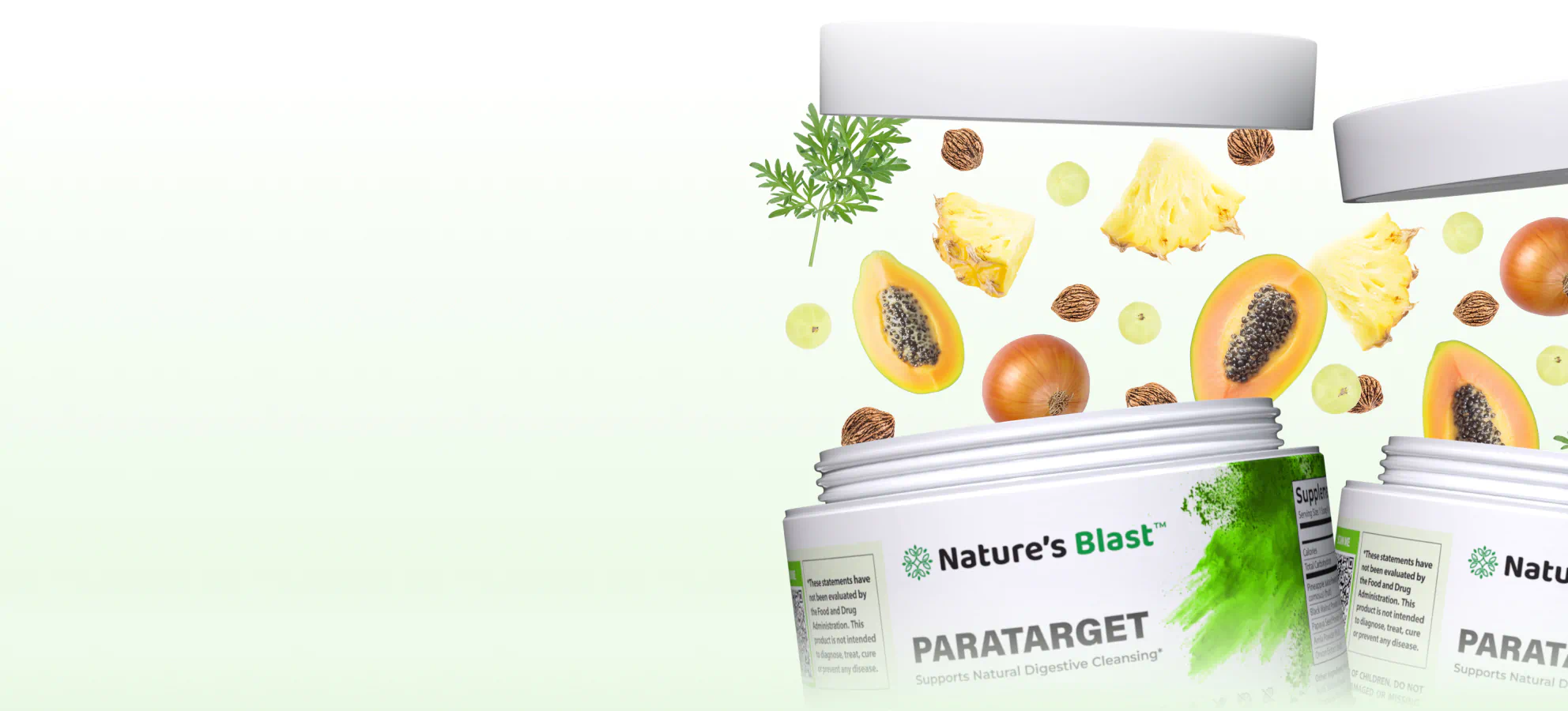 Open jars of parasite detox supplements with fruit and herbs floating above.