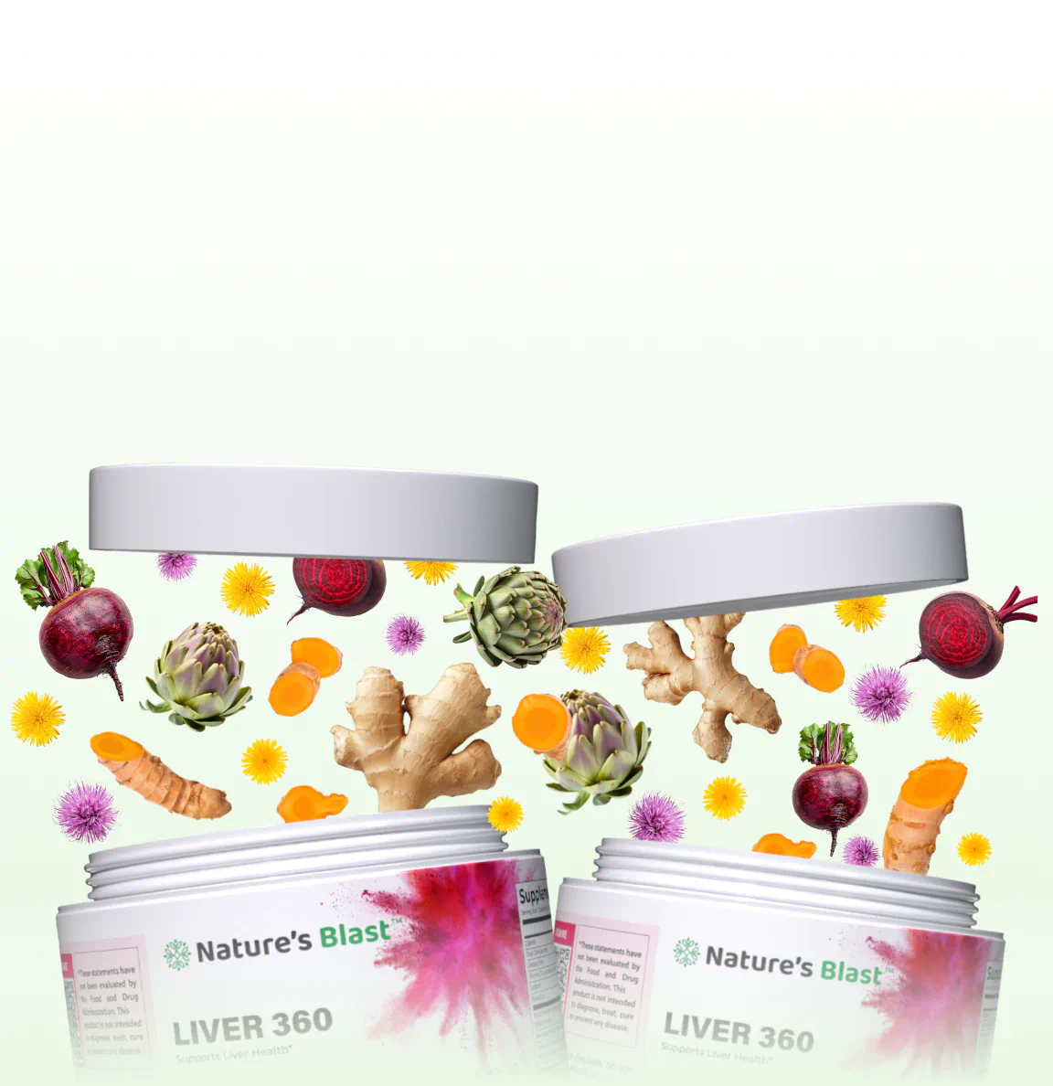 Open jars of liver detox supplements with ginger, turmeric, beets, and herbs floating above.