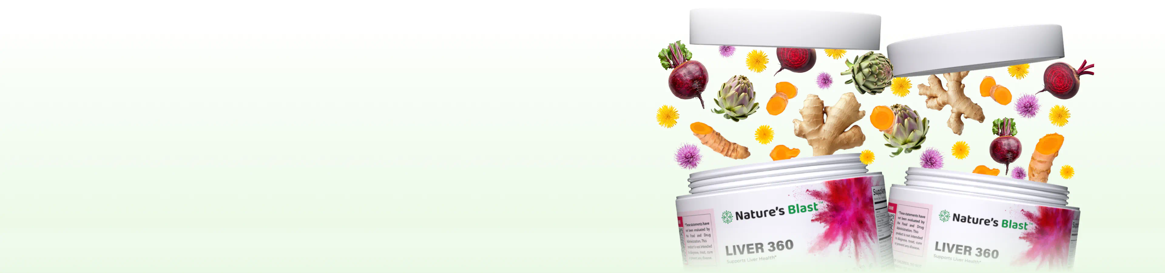 Open jars of liver detox supplements with ginger, turmeric, beets, and herbs floating above.