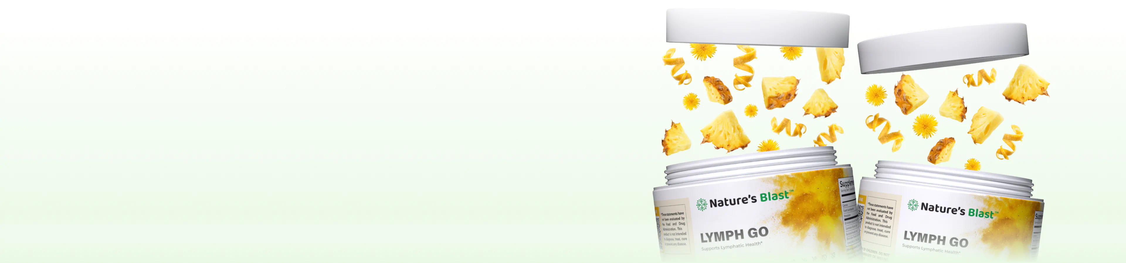 Open jars of lymphatic drainage supplements with pineapple, dandelion and